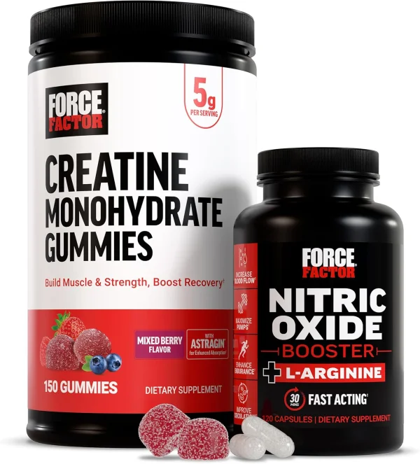 Force Factor Creatine Gummies + Nitric Oxide Booster Bundle — 5g Mixed Berry, 150 Gummies + 120 L-Arginine Capsules
