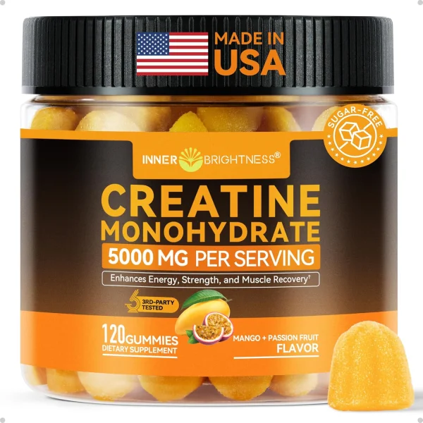 Inner Brightness Creatine Monohydrate Gummies — 5g Sugar-Free Vegan, Mango Passionfruit, 120 Count